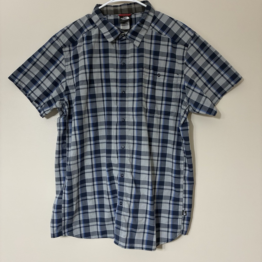 The North Face Shirt Mens XL Extra Large Gray Blue Plaid Short Sleeve Snap Front
